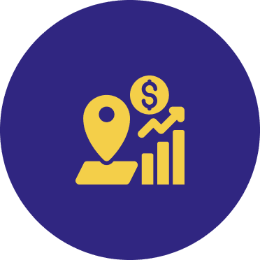 Location and finance growth icon on blue.